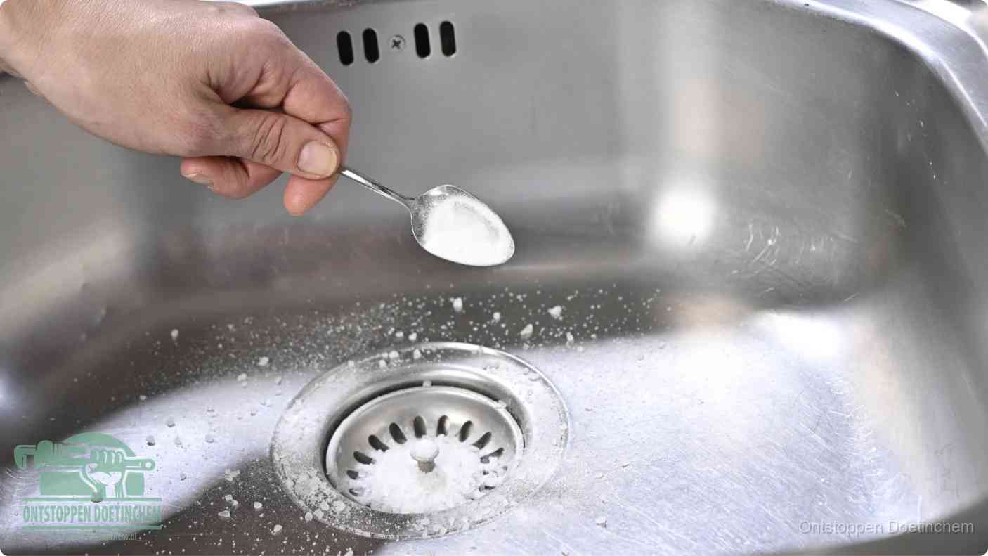 Een hand strooit met een lepel soda in de afvoer van een roestvrijstalen spoelbak, de soda en azijn huismiddel-methode om de afvoer te ontstoppen in Doetinchem